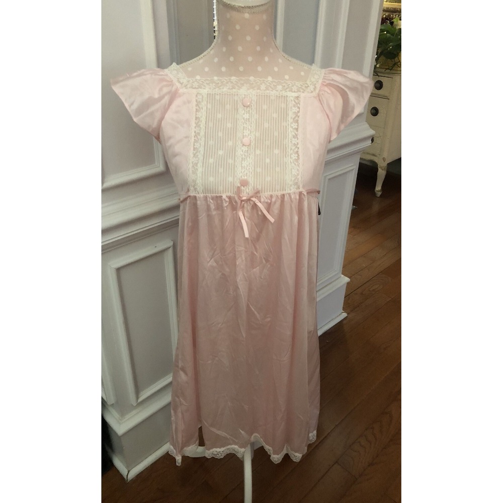 VTG ANTRON III NYLON SHINY PINK OMBRE DBL LACE PLEAT BODICE NIGHTGOWN SMALL NEW